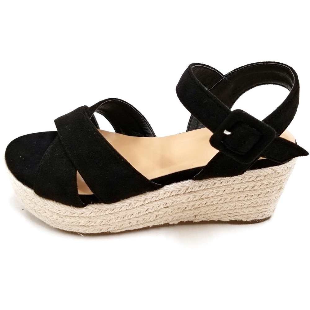New Black Cross Straps Wedge Espadrille Sandals - Picture 3 of 5